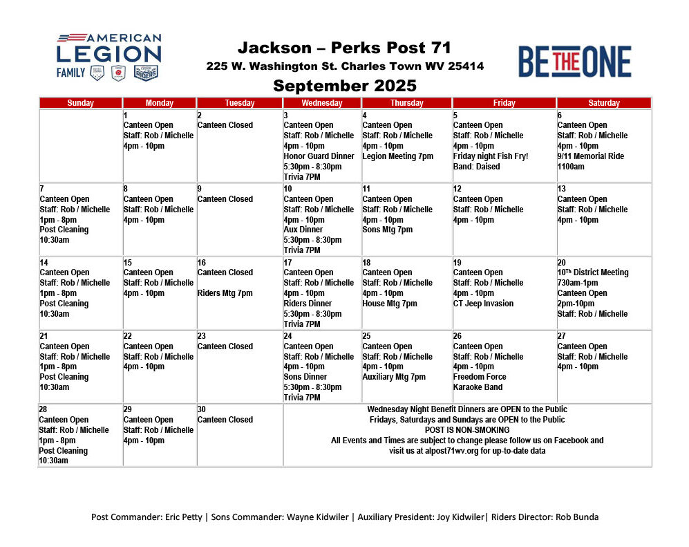 September 2025 American Legion Post 71 Calendar